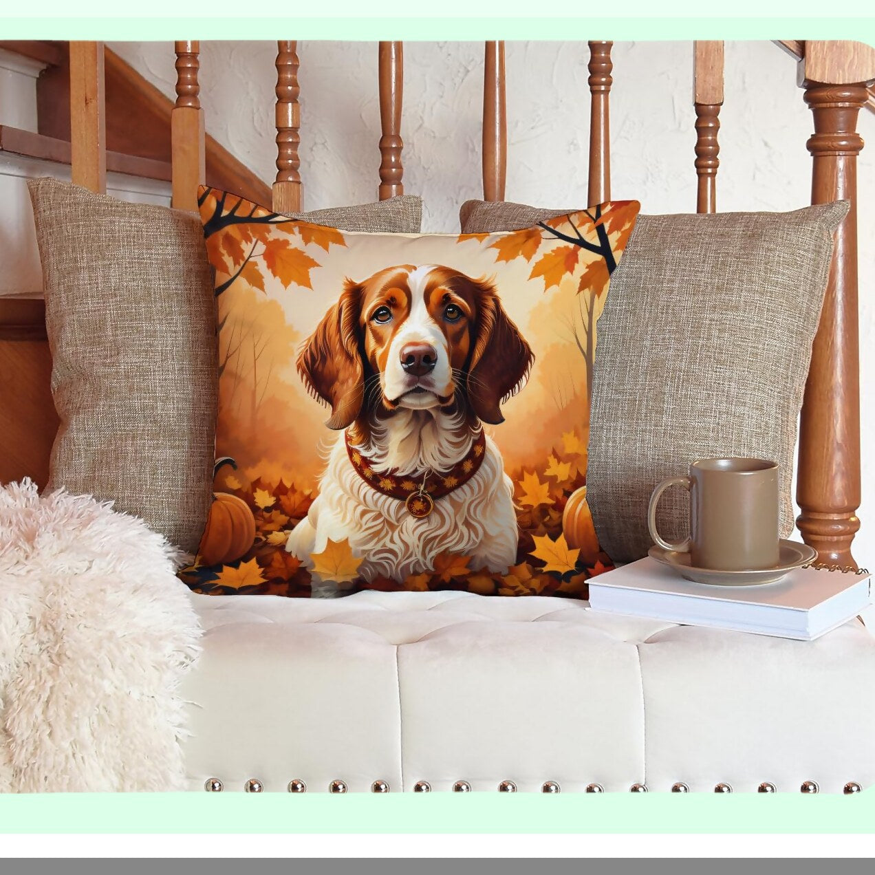 Fall Fido Fabric Pillow - Brittany Spaniel Decorative Cushion for Couch, Bed, Patio - Machine Washable Indoor Outdoor Pillow 14x14