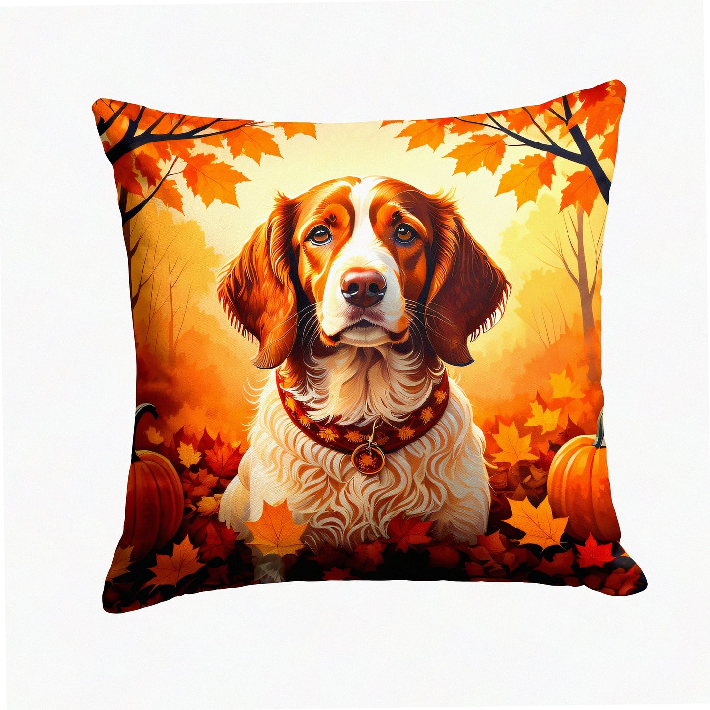 Fall Fido Fabric Pillow - Brittany Spaniel Decorative Cushion for Couch, Bed, Patio - Machine Washable Indoor Outdoor Pillow 14x14