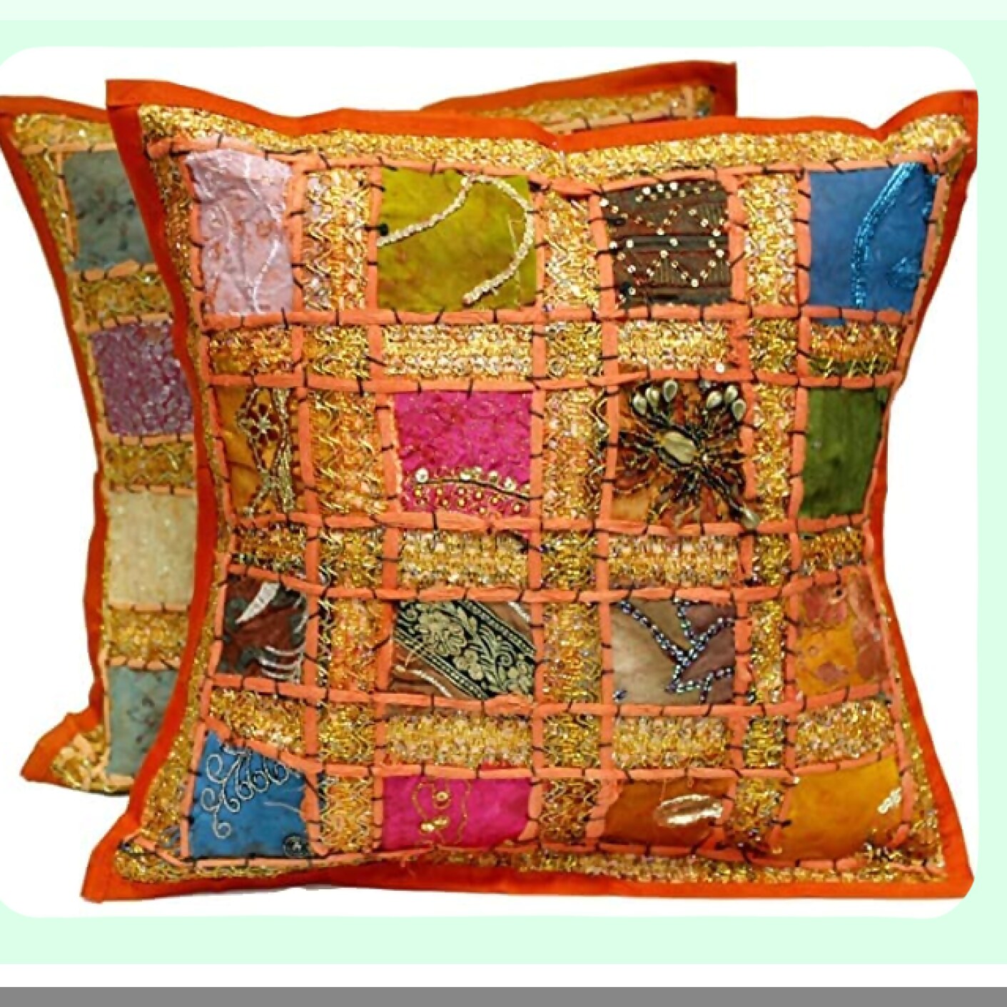 Ethnic Patchwork Embroidered Cushion Covers - Set of 2 | Decorative Sequin Beads Floral Geometric Pillow Cases | 16x16 Inch Scatter Floor Cushions