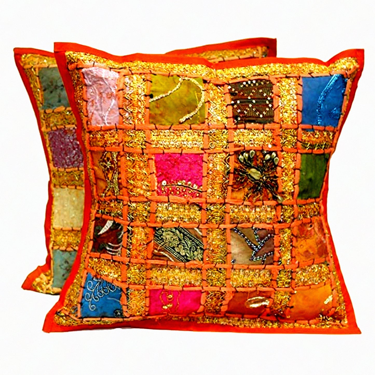 Ethnic Patchwork Embroidered Cushion Covers - Set of 2 | Decorative Sequin Beads Floral Geometric Pillow Cases | 16x16 Inch Scatter Floor Cushions