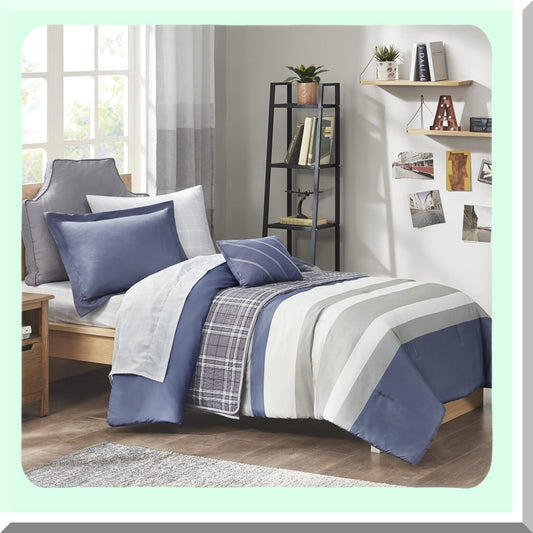Striped Comforter Set - Twin XL Blue/Grey - 6 Piece Bedding Bundle with Embroidered Toss Pillow, Matching Sham, and Complete Sheet Set - All Season Casual Style
