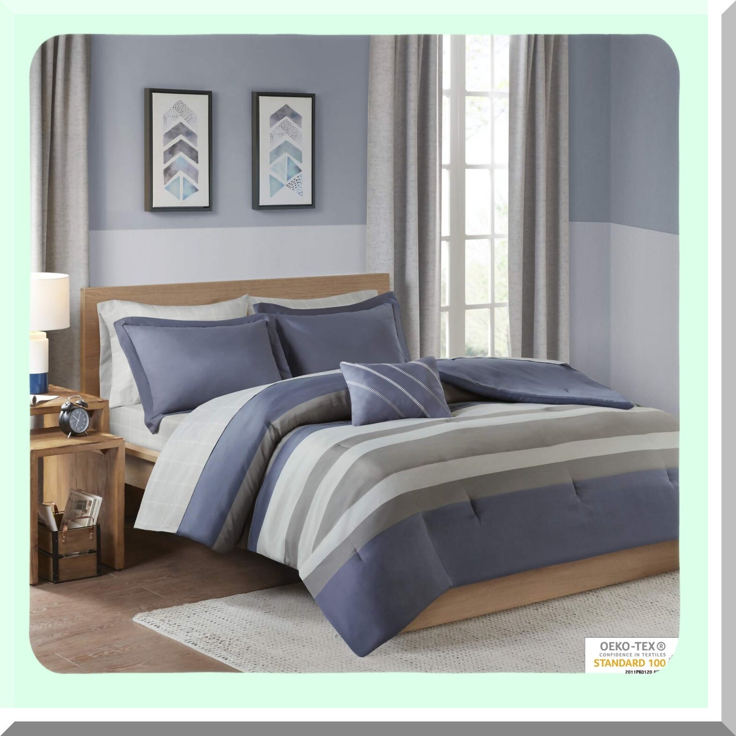 Striped Comforter Set - Twin XL Blue/Grey - 6 Piece Bedding Bundle with Embroidered Toss Pillow, Matching Sham, and Complete Sheet Set - All Season Casual Style