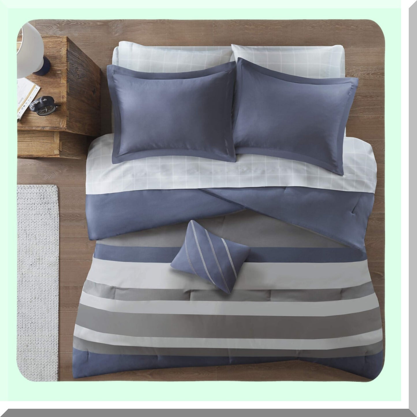 Striped Comforter Set - Twin XL Blue/Grey - 6 Piece Bedding Bundle with Embroidered Toss Pillow, Matching Sham, and Complete Sheet Set - All Season Casual Style