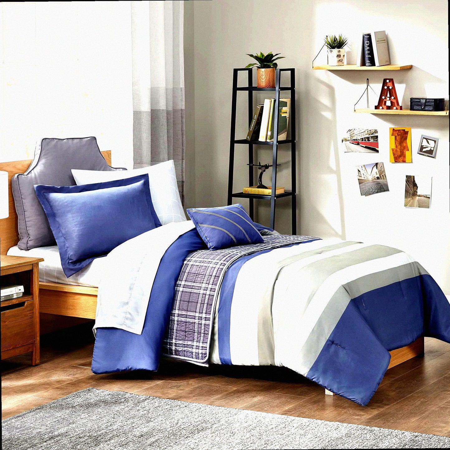 Striped Comforter Set - Twin XL Blue/Grey - 6 Piece Bedding Bundle with Embroidered Toss Pillow, Matching Sham, and Complete Sheet Set - All Season Casual Style