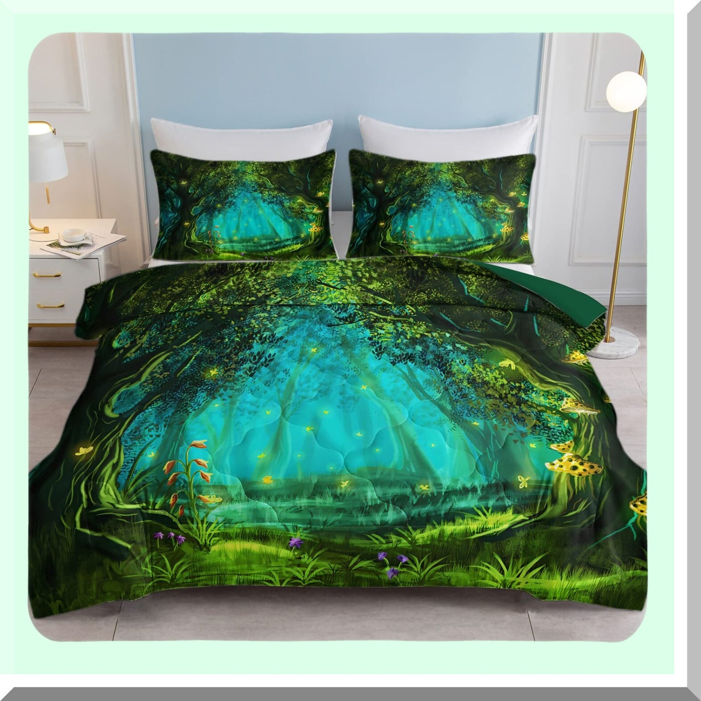 Green Forest Dreams Comforter Set - Twin Size 3 Piece Microfiber Bedding with Mushroom Butterfly Flower Pattern. Includes 2 Pillow Shams for Aesthetic Bedroom Decor.