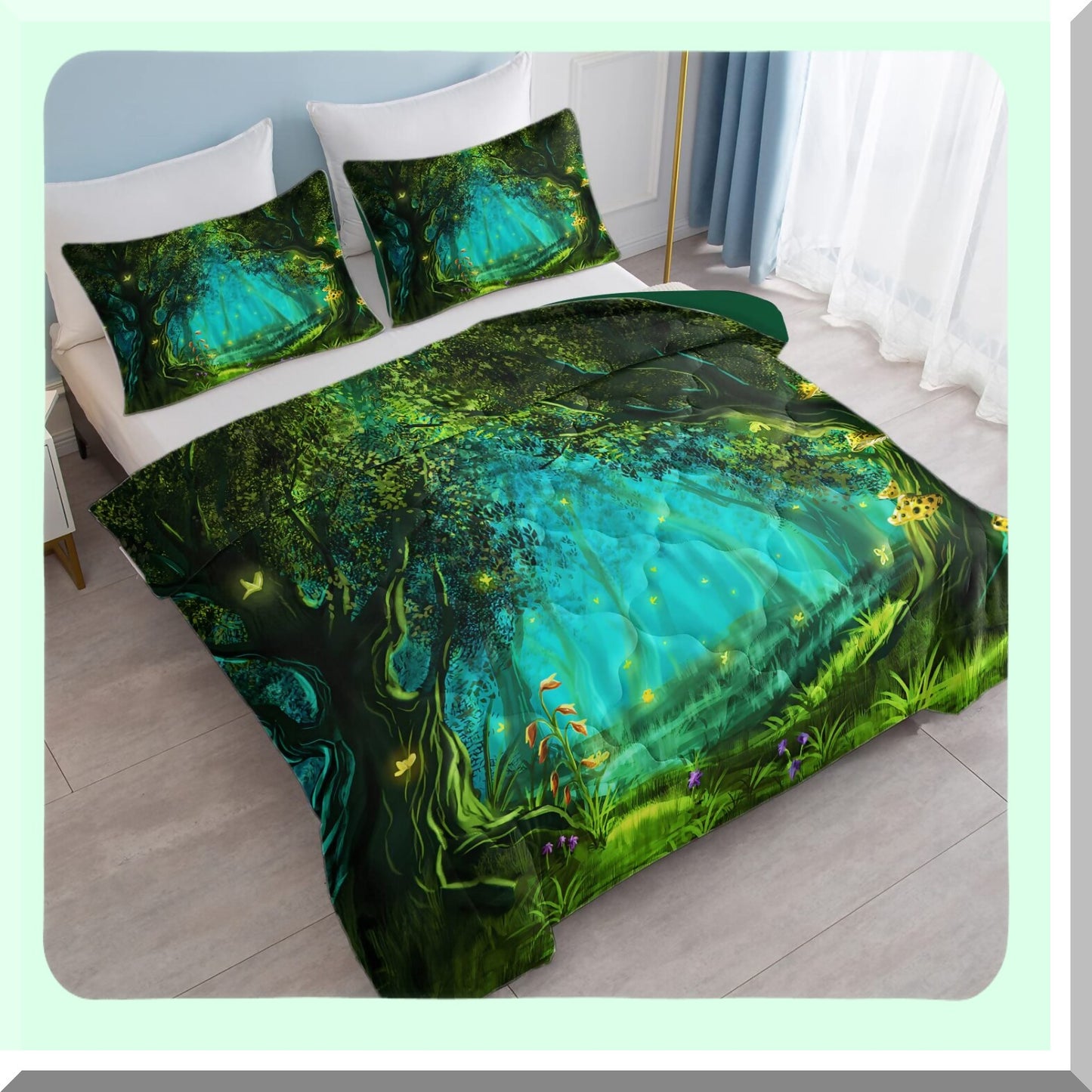 Green Forest Dreams Comforter Set - Twin Size 3 Piece Microfiber Bedding with Mushroom Butterfly Flower Pattern. Includes 2 Pillow Shams for Aesthetic Bedroom Decor.