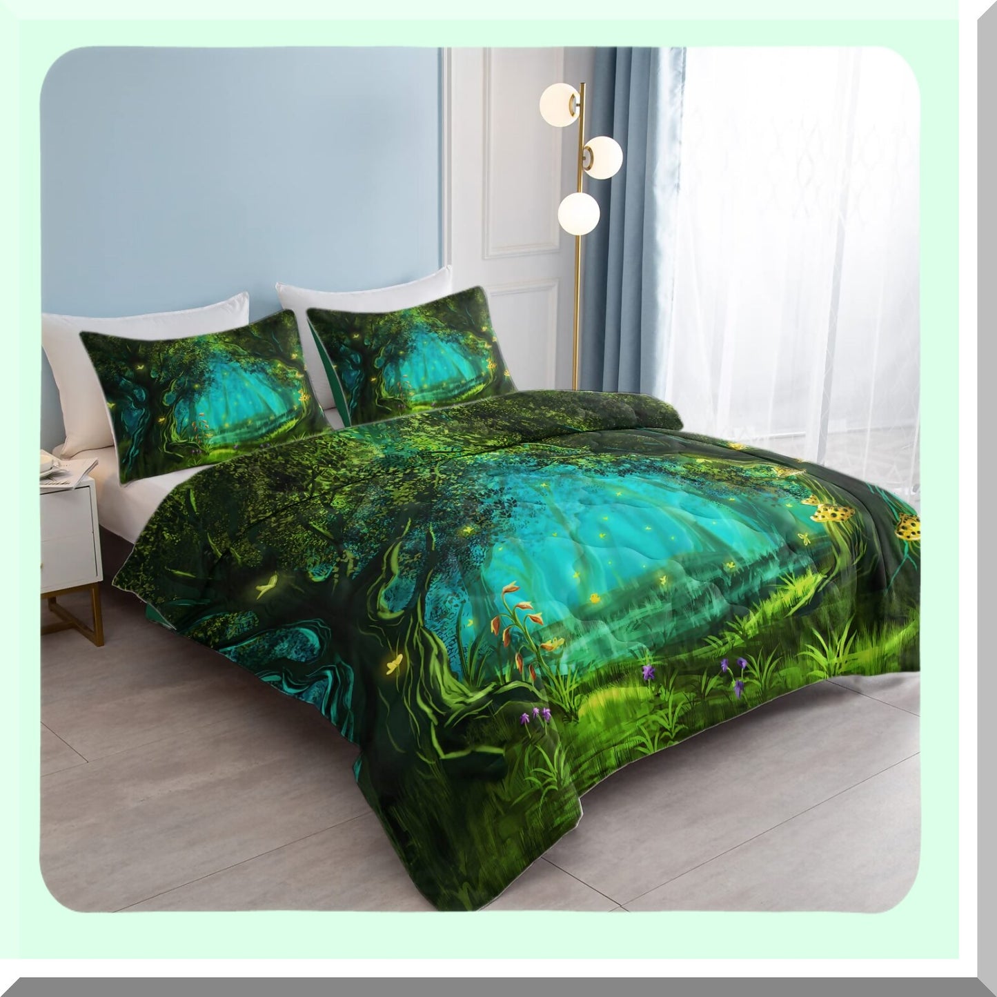 Green Forest Dreams Comforter Set - Twin Size 3 Piece Microfiber Bedding with Mushroom Butterfly Flower Pattern. Includes 2 Pillow Shams for Aesthetic Bedroom Decor.