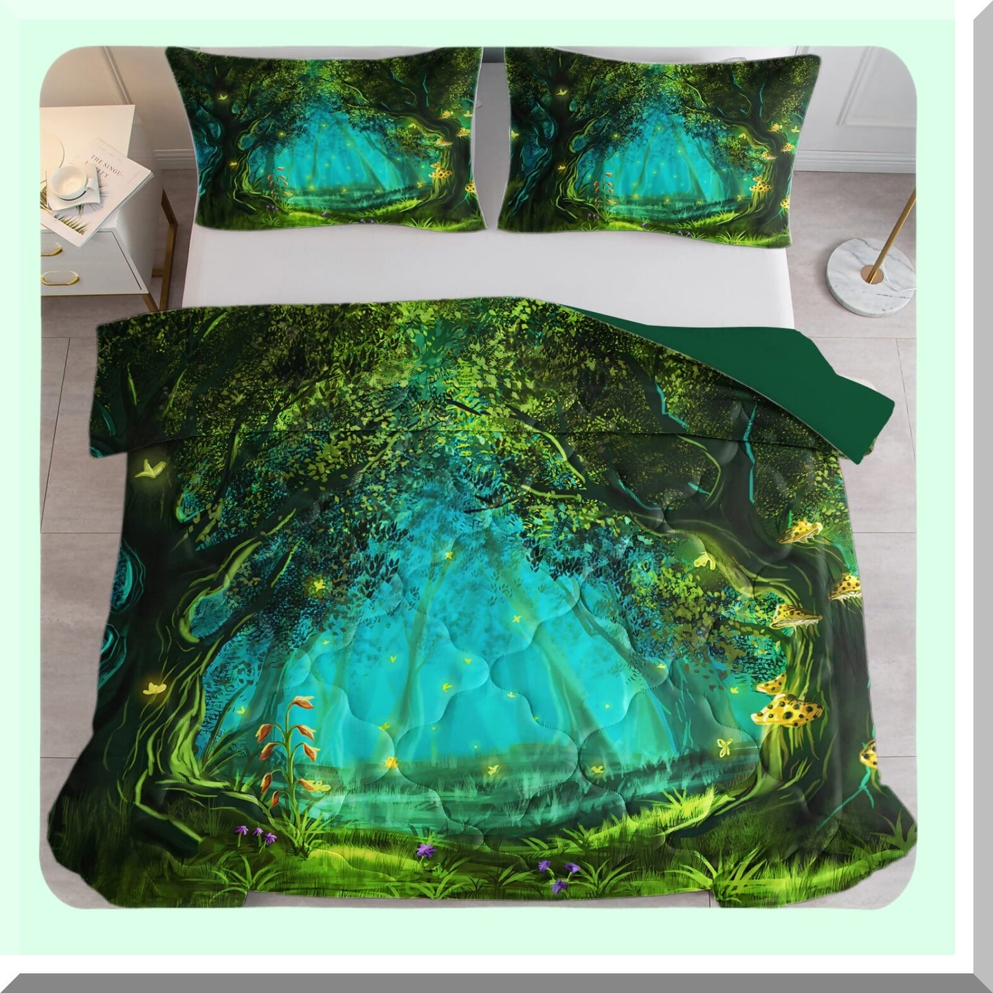 Green Forest Dreams Comforter Set - Twin Size 3 Piece Microfiber Bedding with Mushroom Butterfly Flower Pattern. Includes 2 Pillow Shams for Aesthetic Bedroom Decor.