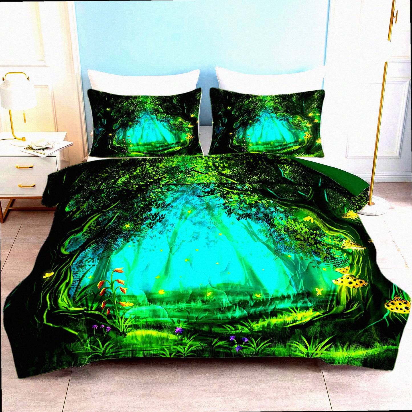 Green Forest Dreams Comforter Set - Twin Size 3 Piece Microfiber Bedding with Mushroom Butterfly Flower Pattern. Includes 2 Pillow Shams for Aesthetic Bedroom Decor.