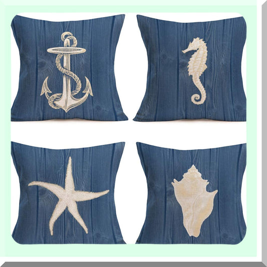 Nautical Dream Vintage Wood Plank Pillow Covers - Set of 4 Coastal Theme Cushion Cases for Sofa, Couch, BoatAnchor, Seahorse, Sea Star, Conch - 18"x18" Cotton Linen Decor