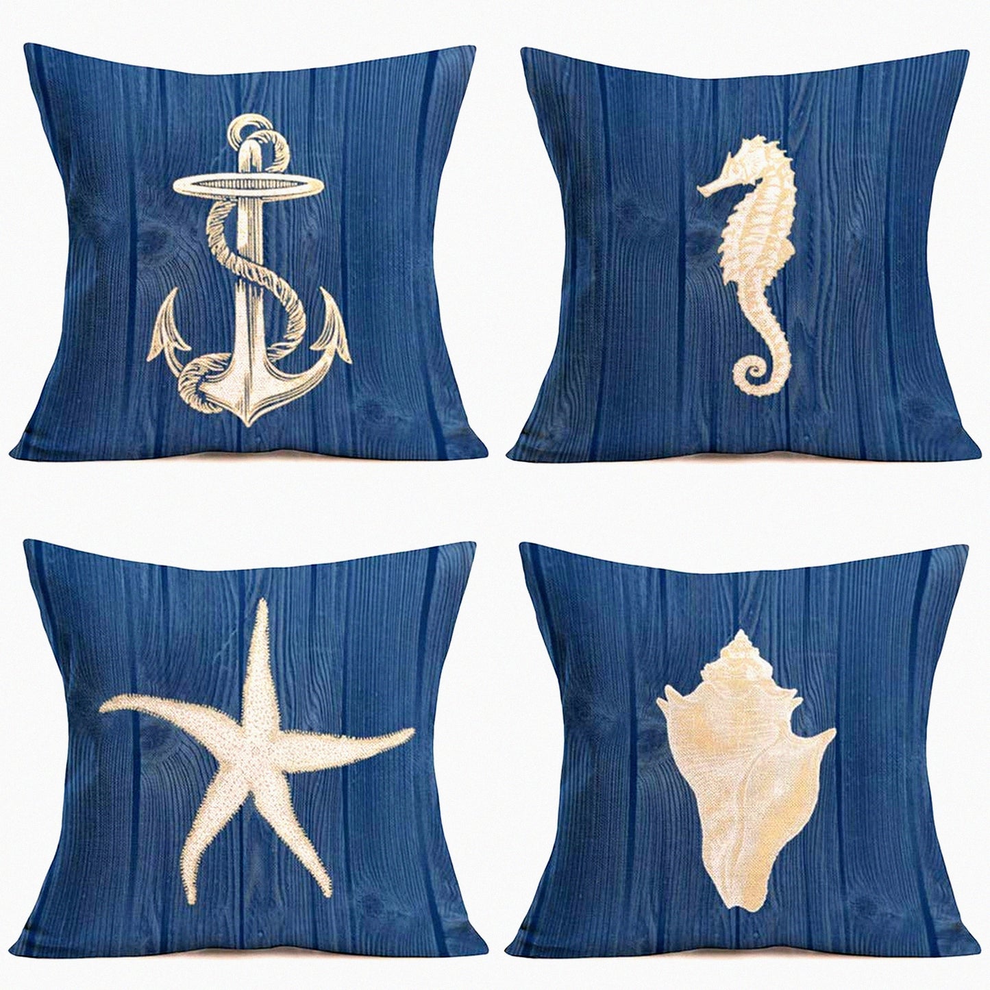 Nautical Dream Vintage Wood Plank Pillow Covers - Set of 4 Coastal Theme Cushion Cases for Sofa, Couch, BoatAnchor, Seahorse, Sea Star, Conch - 18"x18" Cotton Linen Decor