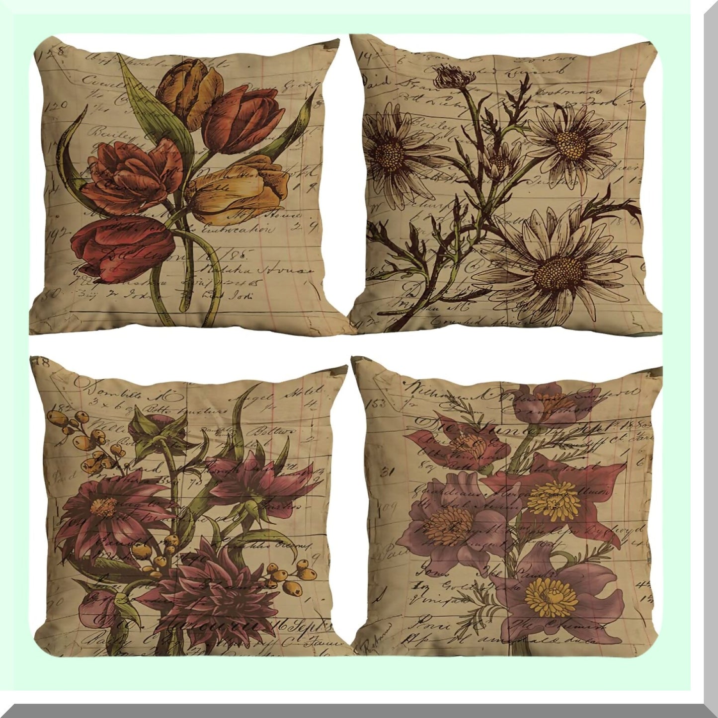 Retro Floral Pillowcase Set - Vintage Tulip Daisy Sunflower Throw Pillow Cover, 18"X18" Decorative Cushion Cover for Sofa Couch Bed. Perfect Home Bedroom Living Room Decor & Gift for Flower Lovers!