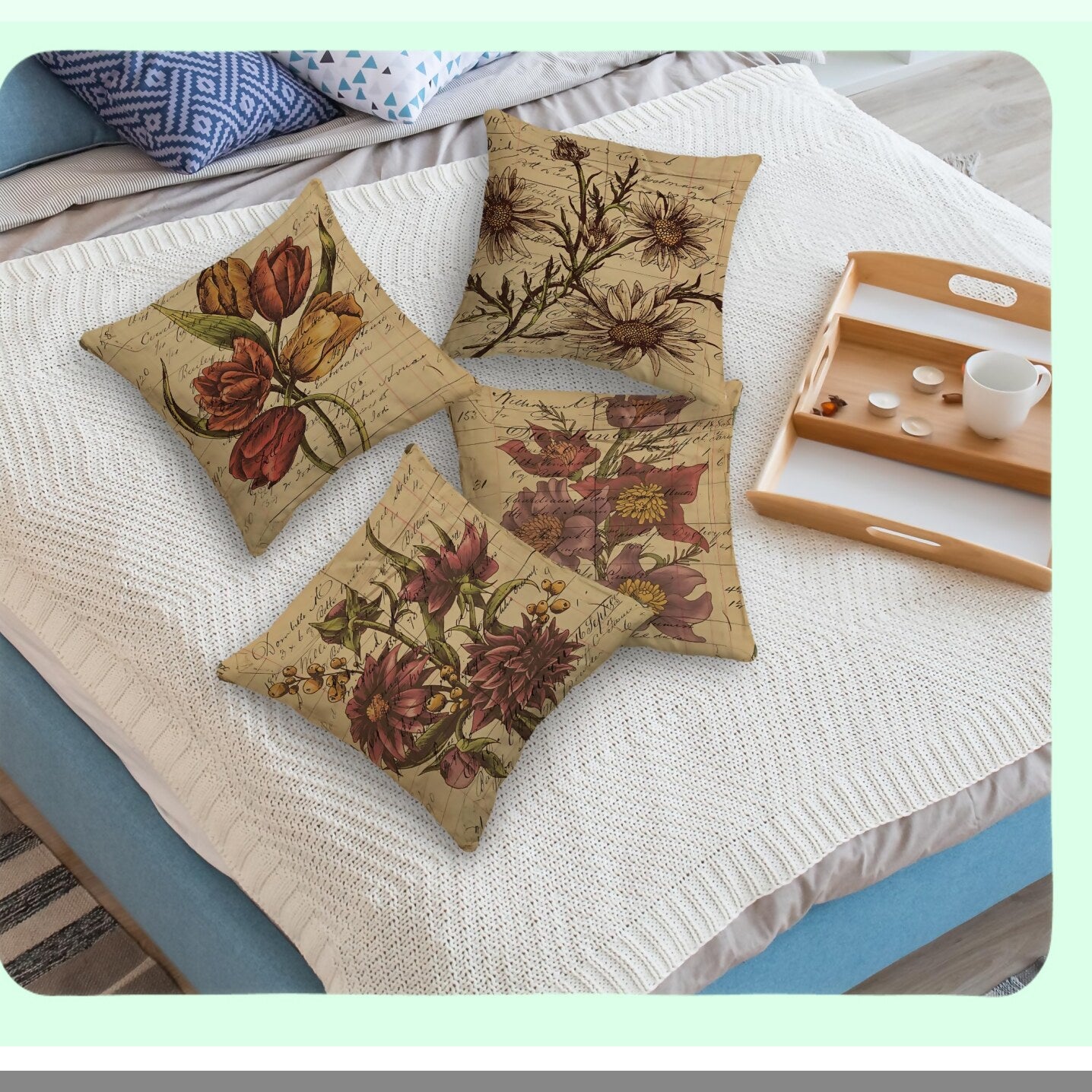Retro Floral Pillowcase Set - Vintage Tulip Daisy Sunflower Throw Pillow Cover, 18"X18" Decorative Cushion Cover for Sofa Couch Bed. Perfect Home Bedroom Living Room Decor & Gift for Flower Lovers!