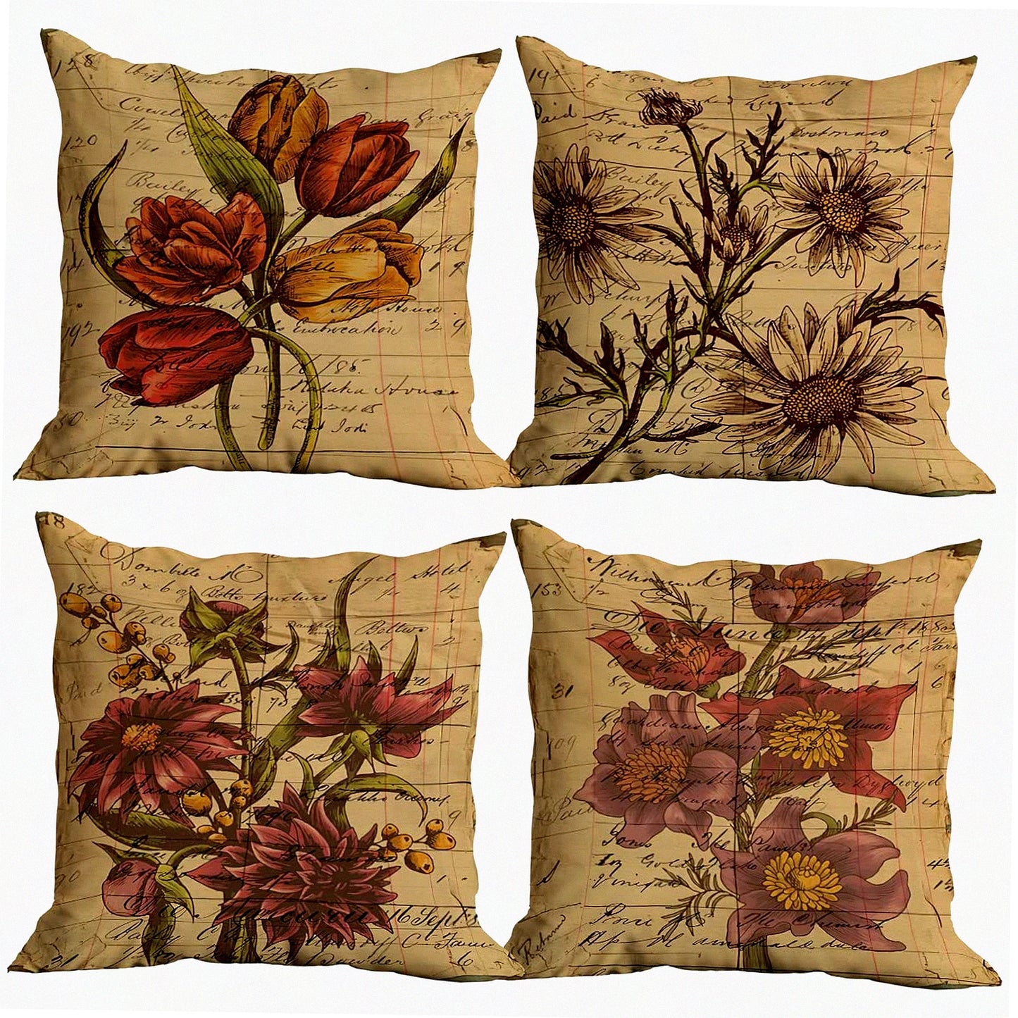 Retro Floral Pillowcase Set - Vintage Tulip Daisy Sunflower Throw Pillow Cover, 18"X18" Decorative Cushion Cover for Sofa Couch Bed. Perfect Home Bedroom Living Room Decor & Gift for Flower Lovers!