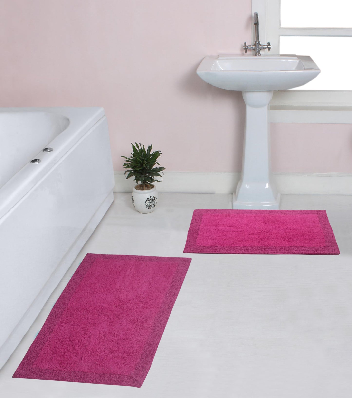 Reversible Cotton Bathroom Rugs Set 2 Piece Hot Pink