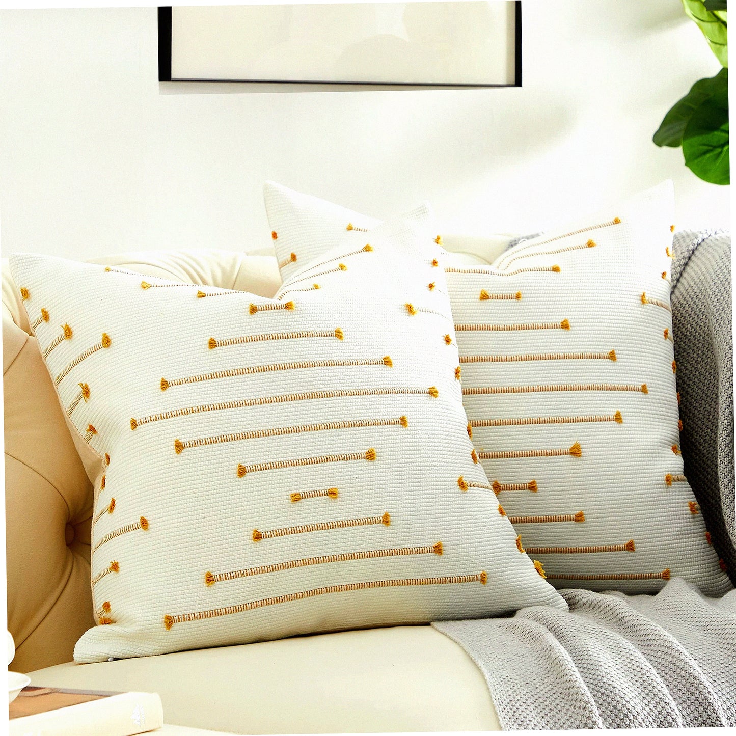 Sunshine Geometric Pillow Covers - Set of 2, 18x18 Cotton Linen Decorative Throw Pillow Covers for Home Sofa, Square Cushion Case