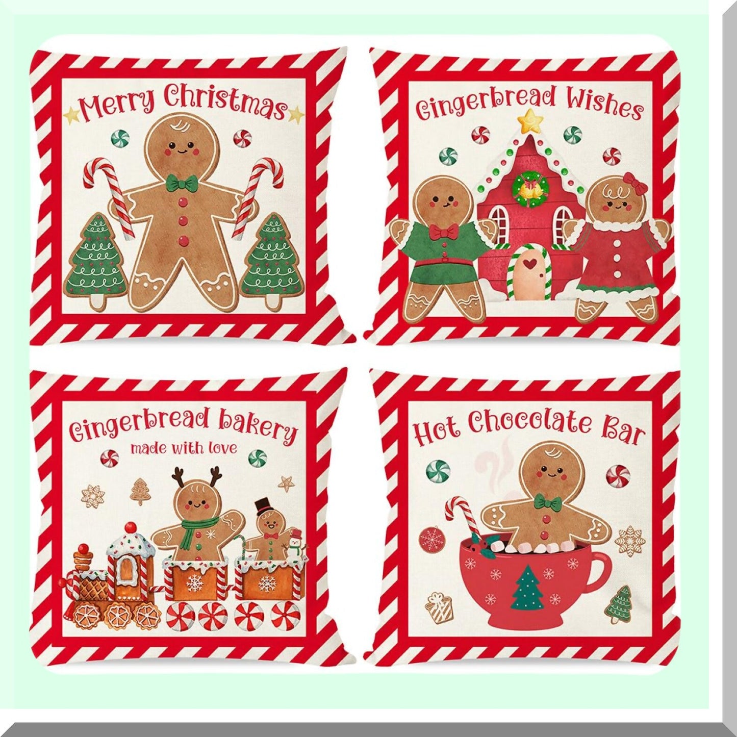 Gingerbread Farmhouse Holiday Pillow Covers - Set of 4, 16x16 Red Merry Decorative Throw Cases for Winter Decorations, Hot Cocoa House Theme