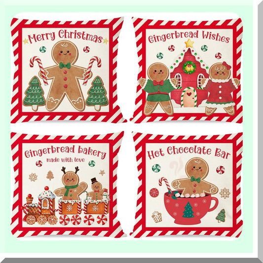 Gingerbread Farmhouse Holiday Pillow Covers - Set of 4, 16x16 Red Merry Decorative Throw Cases for Winter Decorations, Hot Cocoa House Theme