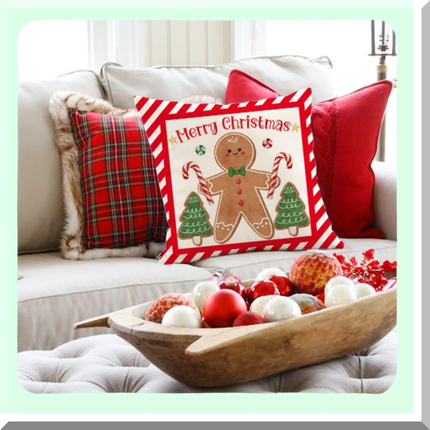 Gingerbread Farmhouse Holiday Pillow Covers - Set of 4, 16x16 Red Merry Decorative Throw Cases for Winter Decorations, Hot Cocoa House Theme