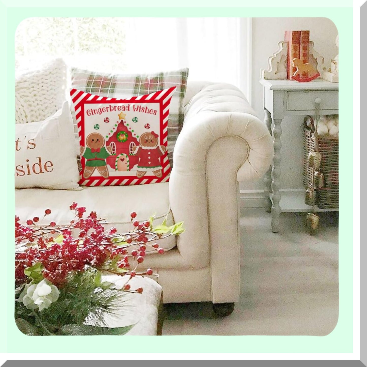Gingerbread Farmhouse Holiday Pillow Covers - Set of 4, 16x16 Red Merry Decorative Throw Cases for Winter Decorations, Hot Cocoa House Theme
