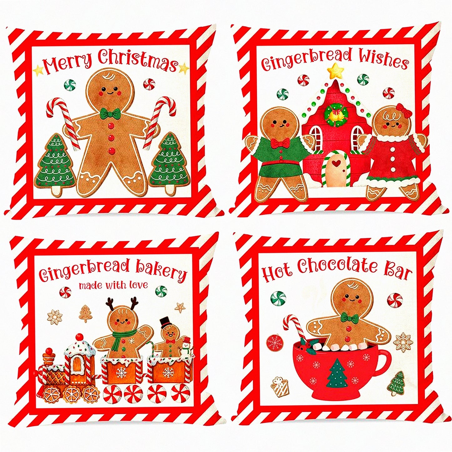 Gingerbread Farmhouse Holiday Pillow Covers - Set of 4, 16x16 Red Merry Decorative Throw Cases for Winter Decorations, Hot Cocoa House Theme