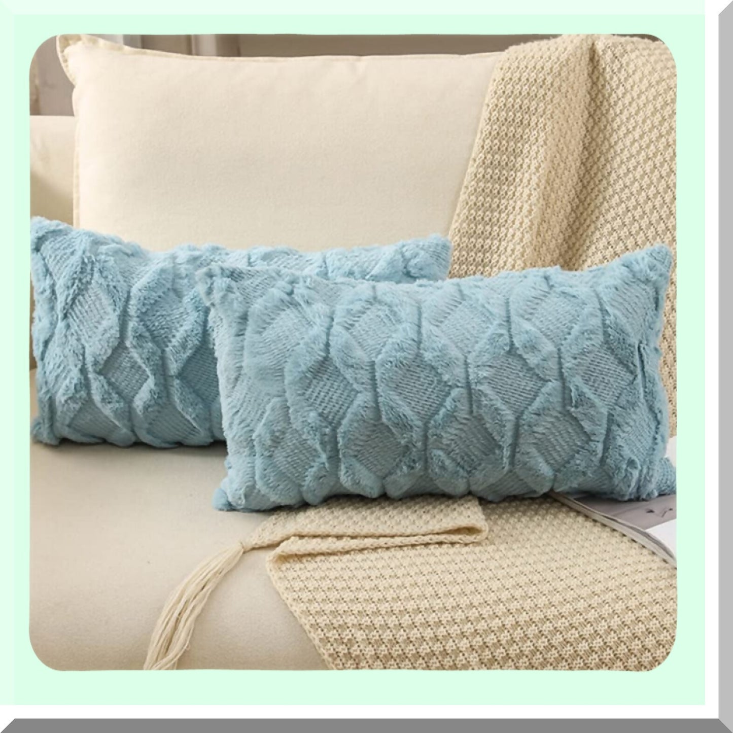 Plush Aqua Blue Lumbar Pillow Covers - Set of 2 Soft Wool Velvet Cushion Cases for Couch Sofa & Outdoor, Decorative Throw Pillow Covers 12x20 Inch