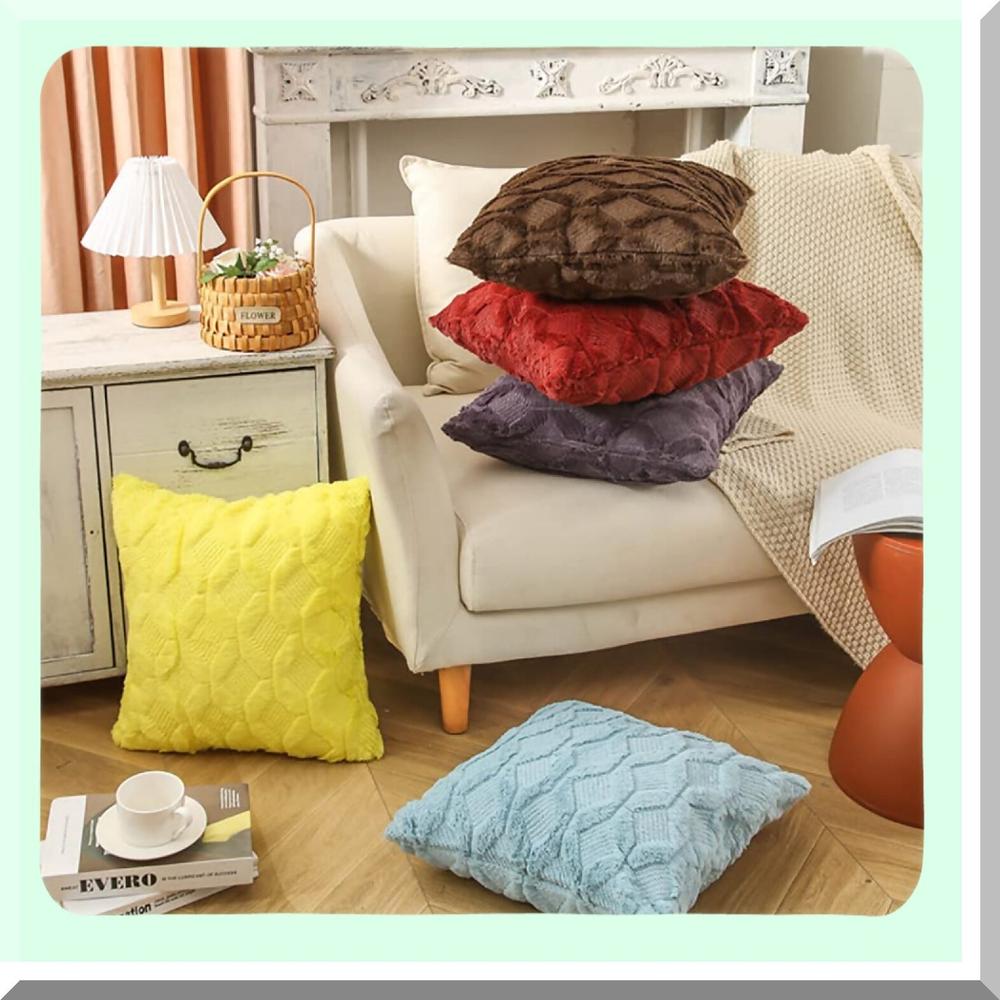 Plush Aqua Blue Lumbar Pillow Covers - Set of 2 Soft Wool Velvet Cushion Cases for Couch Sofa & Outdoor, Decorative Throw Pillow Covers 12x20 Inch