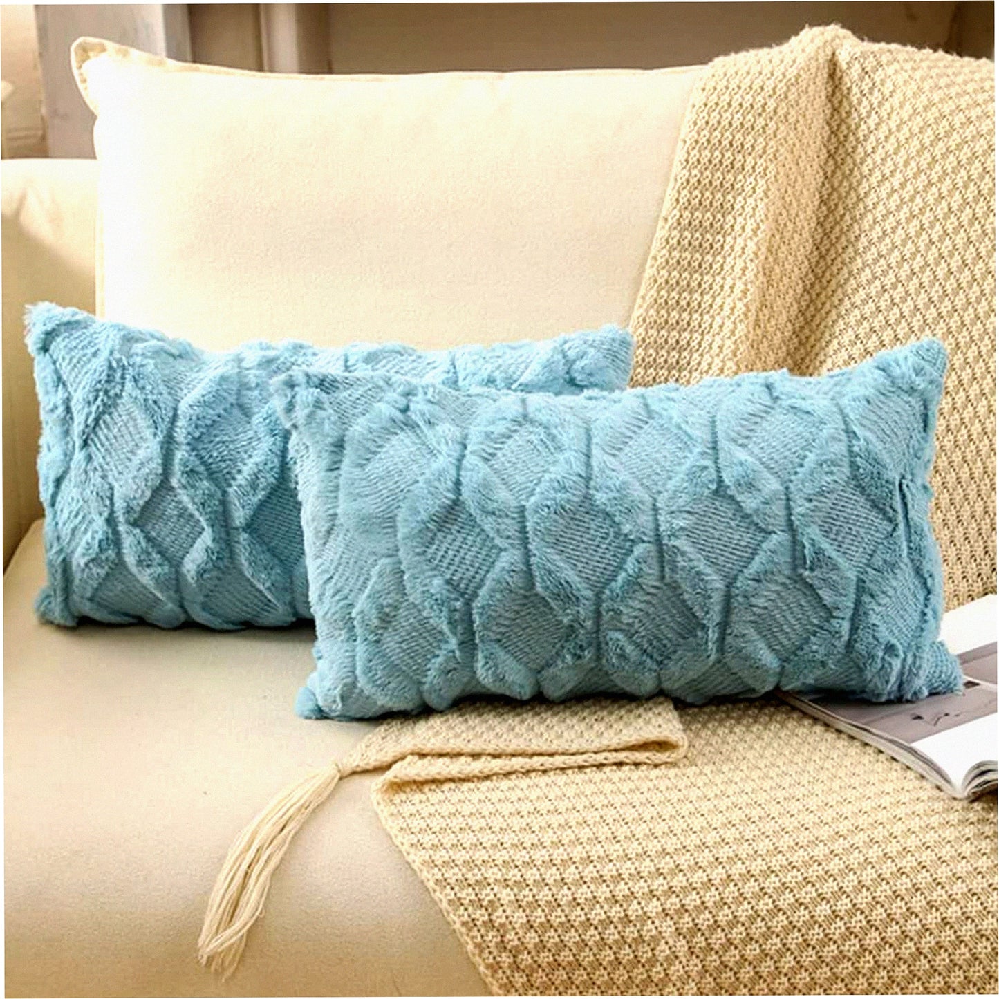 Plush Aqua Blue Lumbar Pillow Covers - Set of 2 Soft Wool Velvet Cushion Cases for Couch Sofa & Outdoor, Decorative Throw Pillow Covers 12x20 Inch