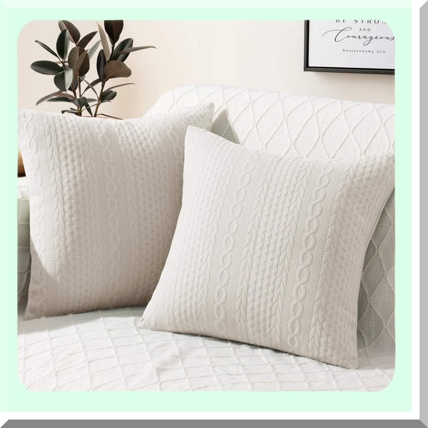 Twisted Rope Patterned Beige Throw Pillow Covers - Set of 2, 24x24 Sofa Bed Decor, Stretchy Embossed Couch Pillow Covers - Stylish Home Decor