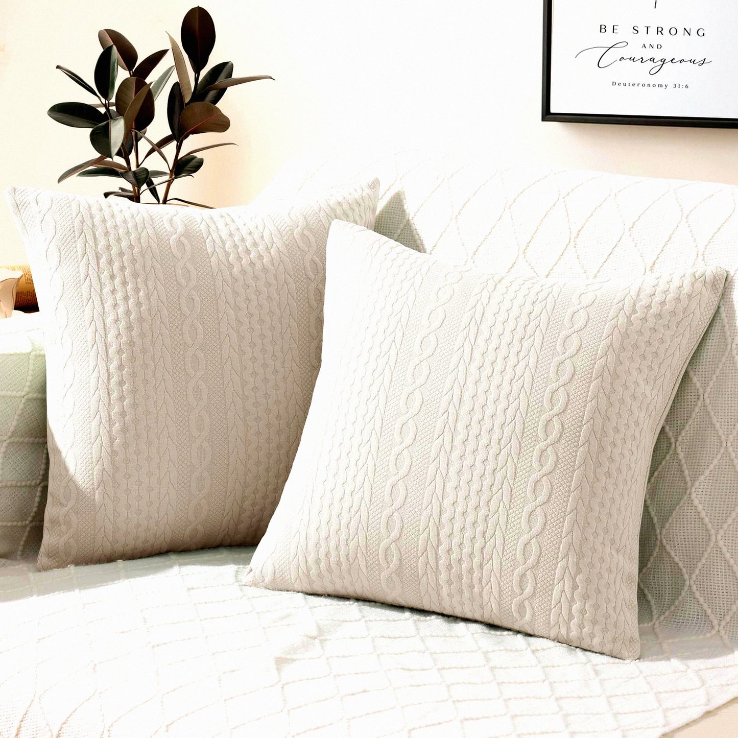 Twisted Rope Patterned Beige Throw Pillow Covers - Set of 2, 24x24 Sofa Bed Decor, Stretchy Embossed Couch Pillow Covers - Stylish Home Decor