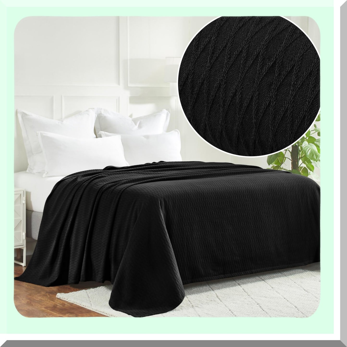 CozyCotton Diamond Weave Blanket - Soft, Warm, Boho Aesthetic, Decorative Bedding for Couch or Bed, Twin Size, Black