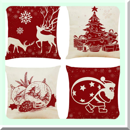 Red Linen Square Pillow Covers - Set of 4 Decorative Couch Cushion Cases for Sofa & Bed - 18"x18" Cotton Throw Pillowcases