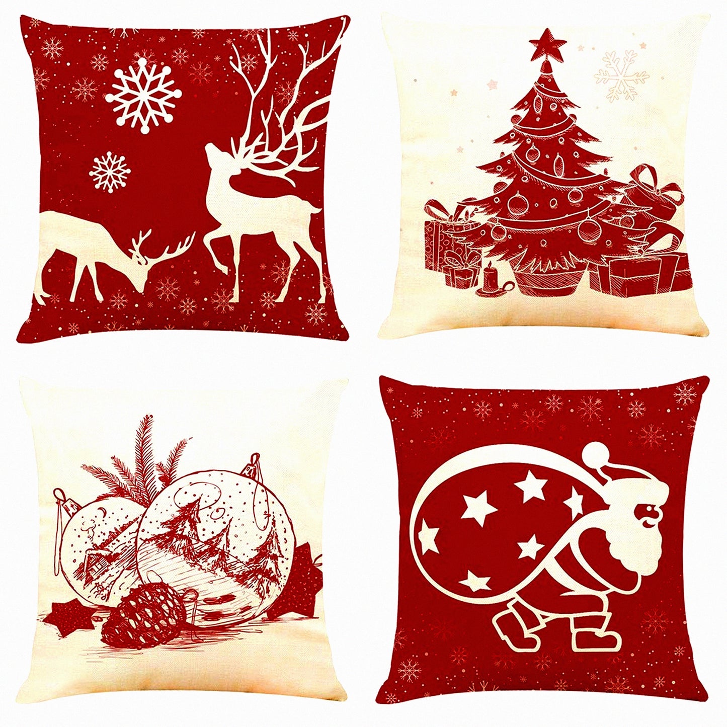 Red Linen Square Pillow Covers - Set of 4 Decorative Couch Cushion Cases for Sofa & Bed - 18"x18" Cotton Throw Pillowcases
