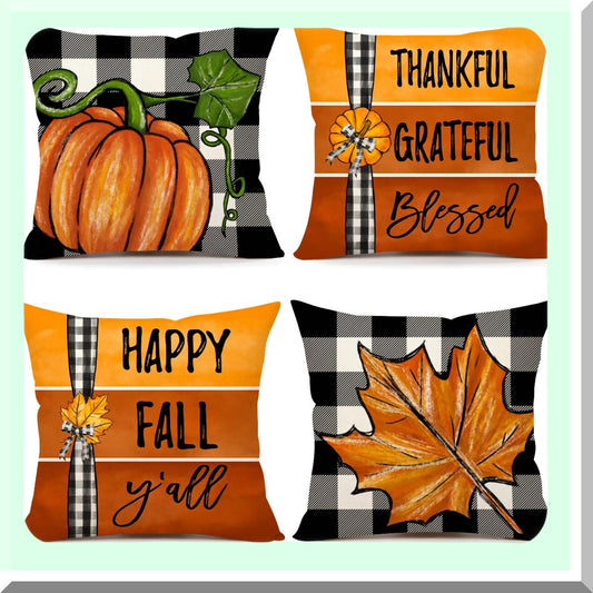 Autumn Harvest Buffalo Check Pillow Covers - Set of 4 Farmhouse Thanksgiving Decorations for Outdoor and Indoor Use - Fall Y'all Cushion Cases