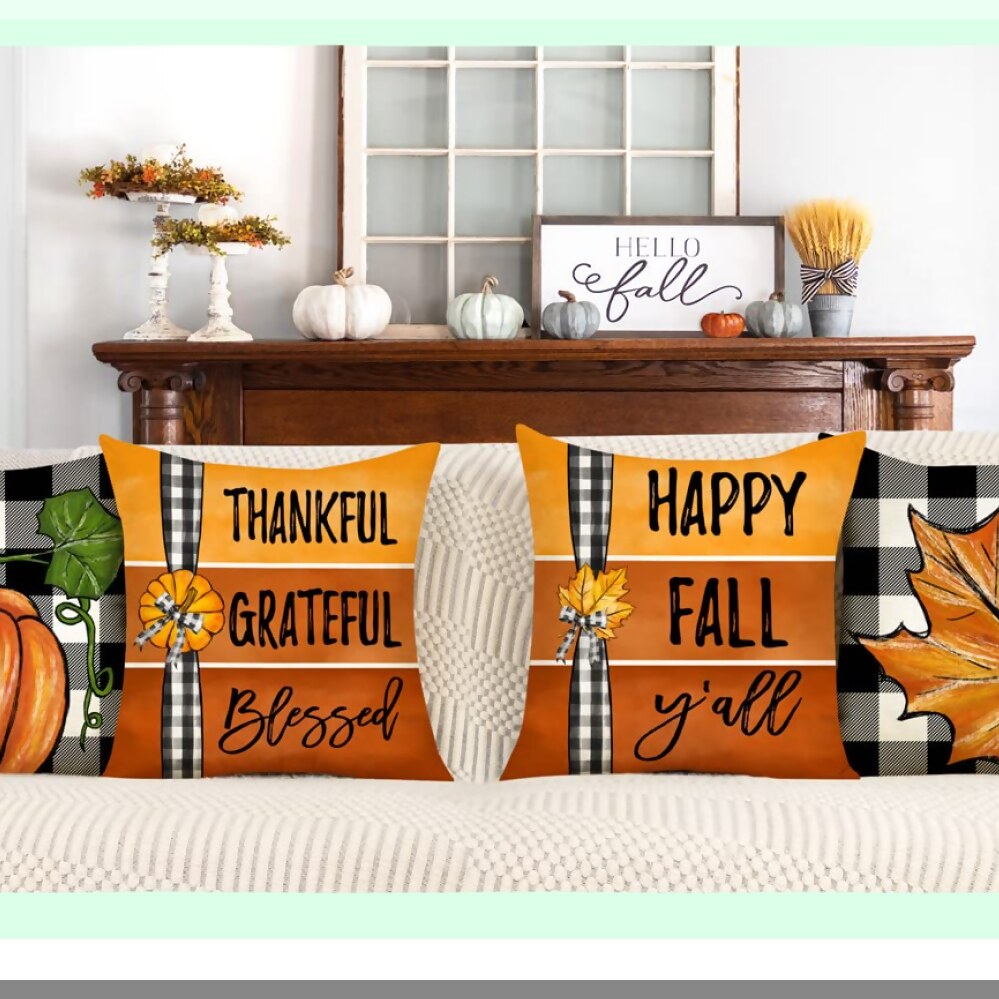 Autumn Harvest Buffalo Check Pillow Covers - Set of 4 Farmhouse Thanksgiving Decorations for Outdoor and Indoor Use - Fall Y'all Cushion Cases