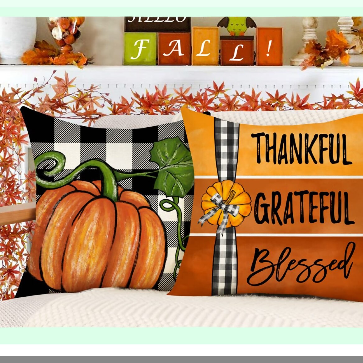 Autumn Harvest Buffalo Check Pillow Covers - Set of 4 Farmhouse Thanksgiving Decorations for Outdoor and Indoor Use - Fall Y'all Cushion Cases