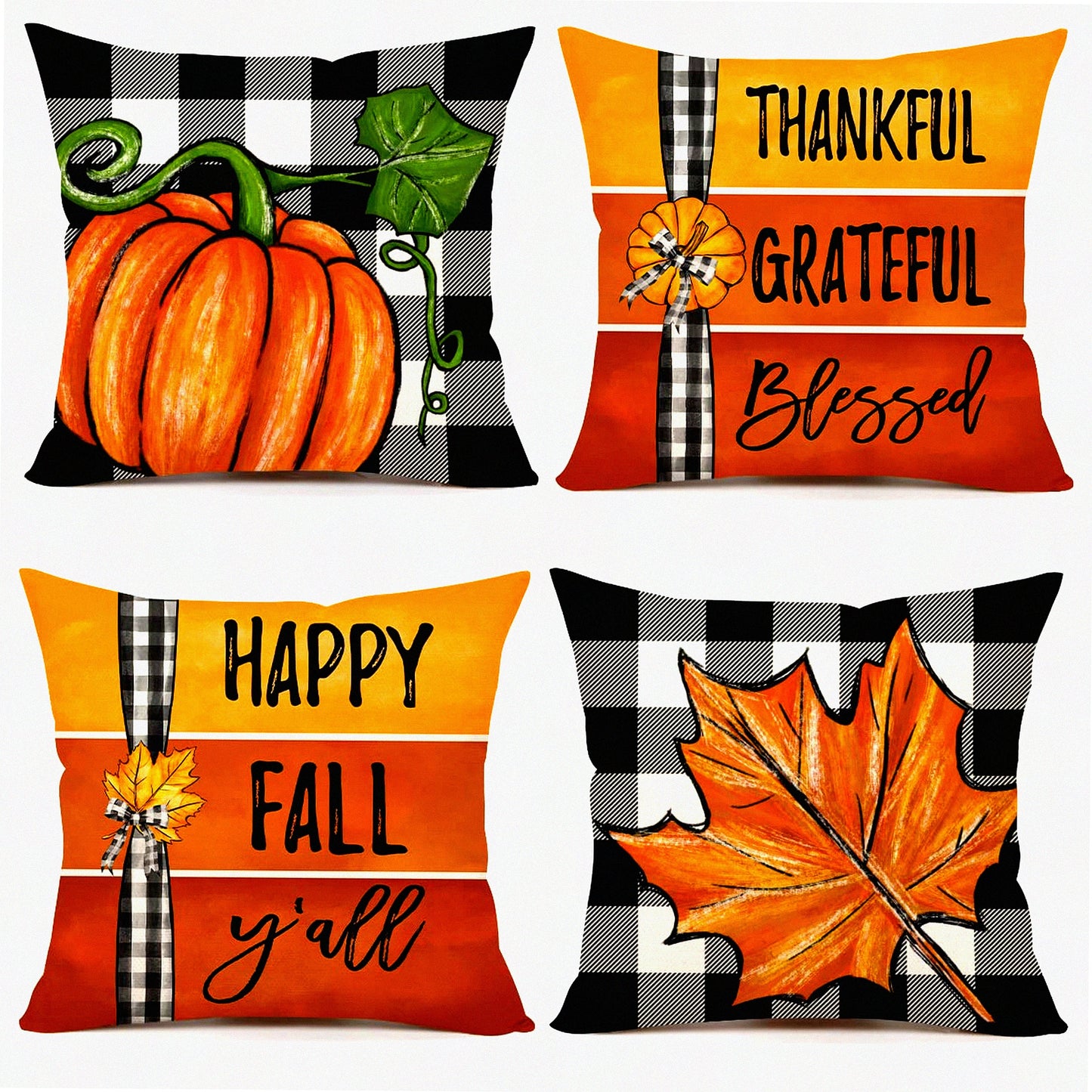 Autumn Harvest Buffalo Check Pillow Covers - Set of 4 Farmhouse Thanksgiving Decorations for Outdoor and Indoor Use - Fall Y'all Cushion Cases