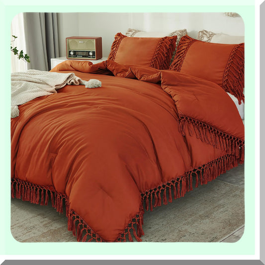 Terracotta Vintage Comforter Set - Boho Rust Bedding 3 Piece Full Size Lightweight Soft Bed Set with 2 Pillowcases - Burnt Orange 79x90In Comforter