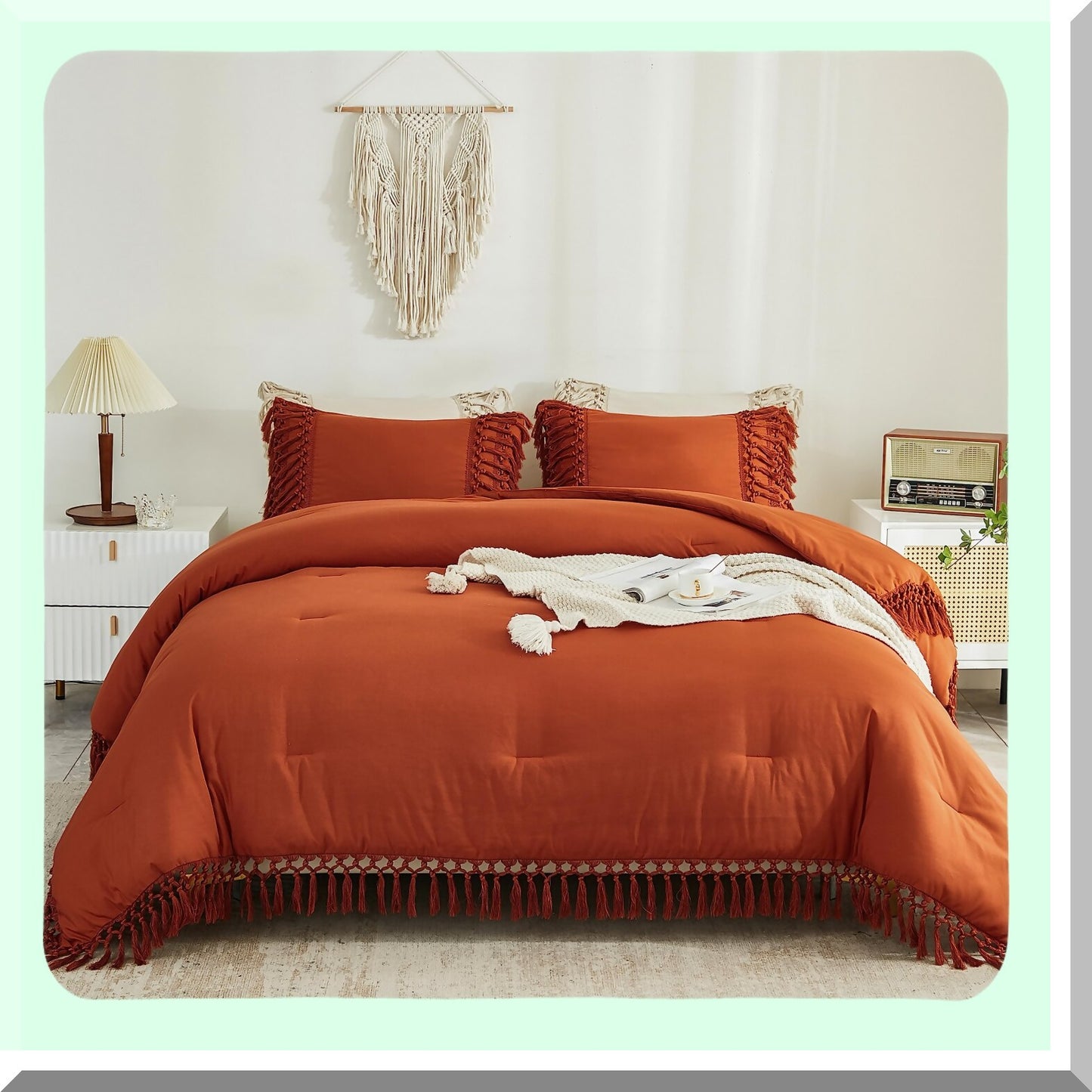 Terracotta Vintage Comforter Set - Boho Rust Bedding 3 Piece Full Size Lightweight Soft Bed Set with 2 Pillowcases - Burnt Orange 79x90In Comforter