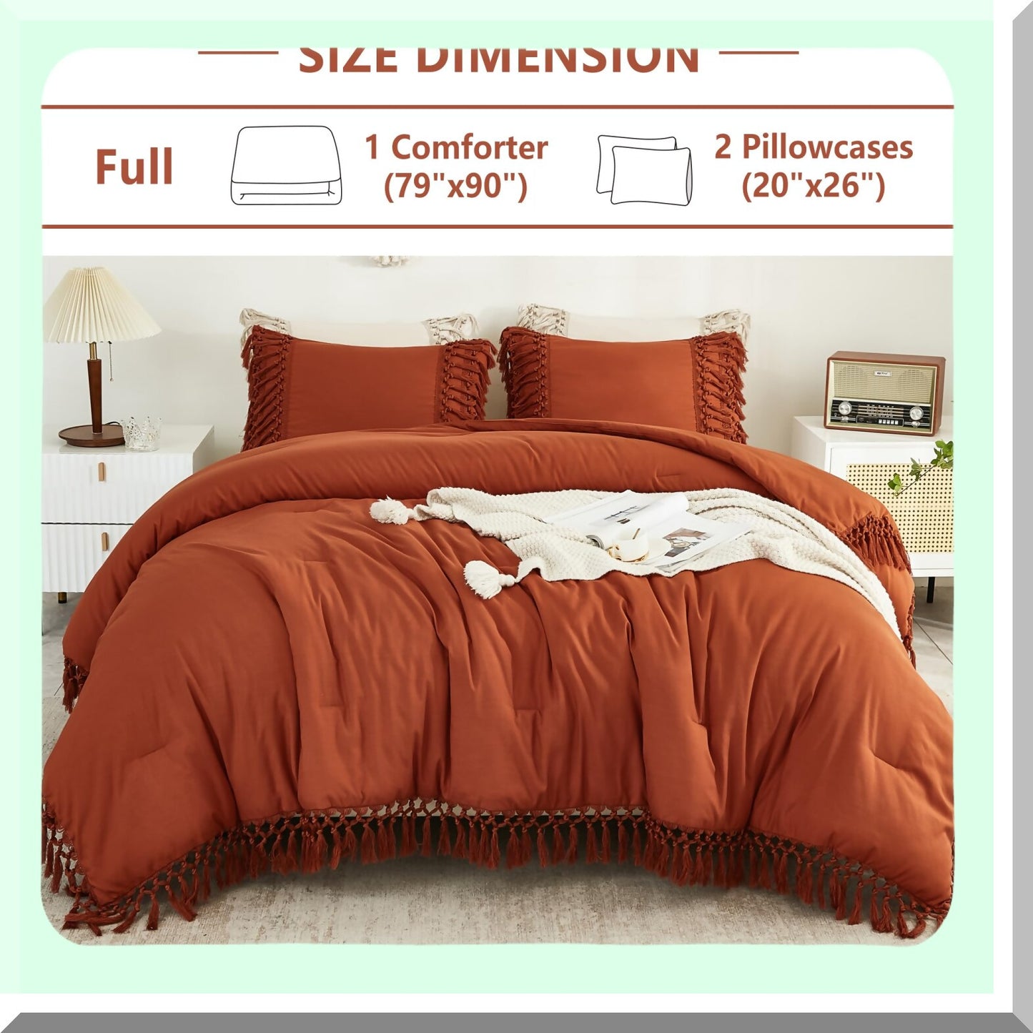 Terracotta Vintage Comforter Set - Boho Rust Bedding 3 Piece Full Size Lightweight Soft Bed Set with 2 Pillowcases - Burnt Orange 79x90In Comforter