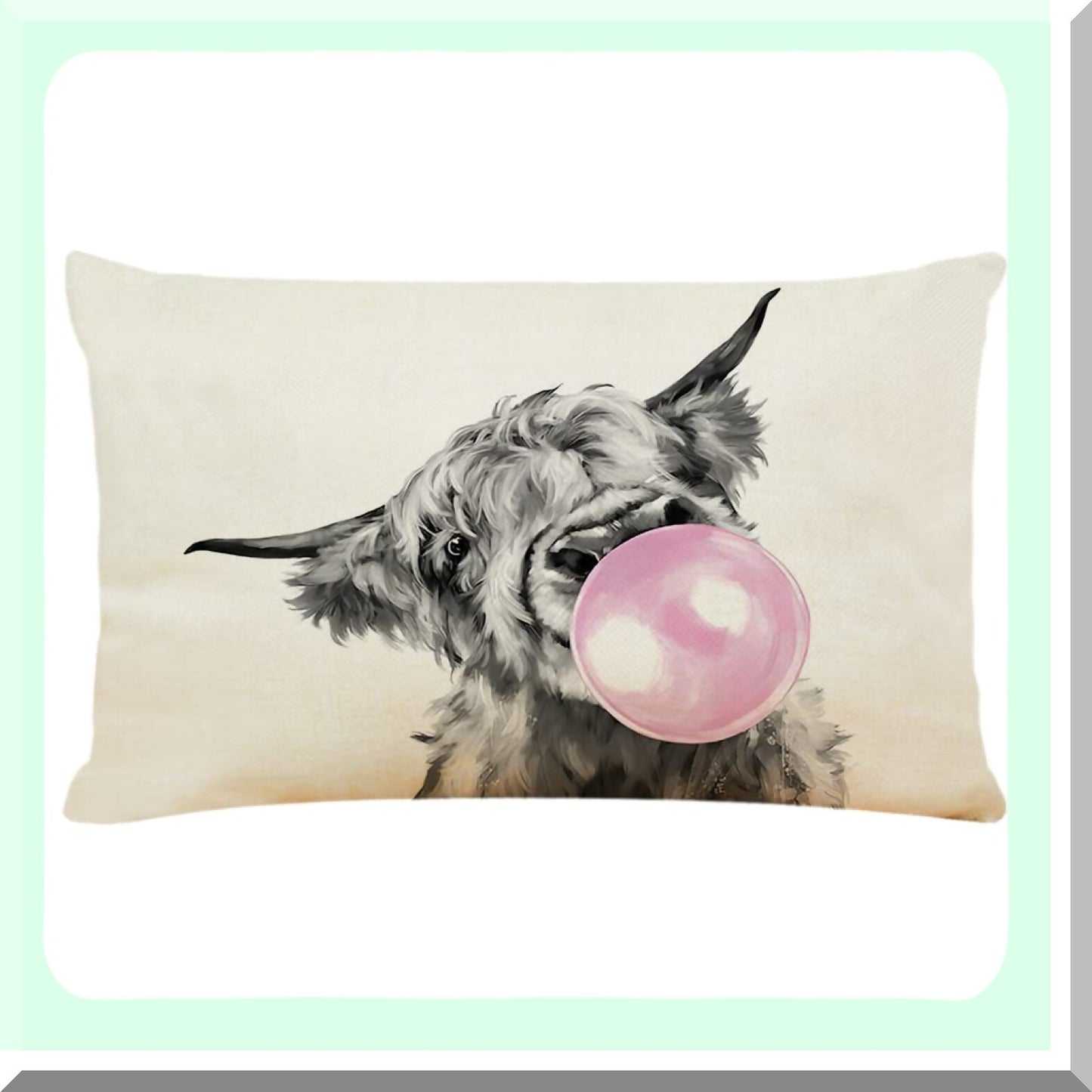 Bubble Gum Highland Cow Decorative Pillow Cover - 12x20 Inch Linen Cushion for Home Decoration on Couch, Sofa, Bed - Highland Blowing Bubble Gum Theme