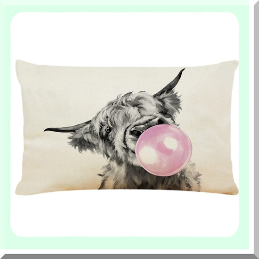 Bubble Gum Highland Cow Decorative Pillow Cover - 12x20 Inch Linen Cushion for Home Decoration on Couch, Sofa, Bed - Highland Blowing Bubble Gum Theme