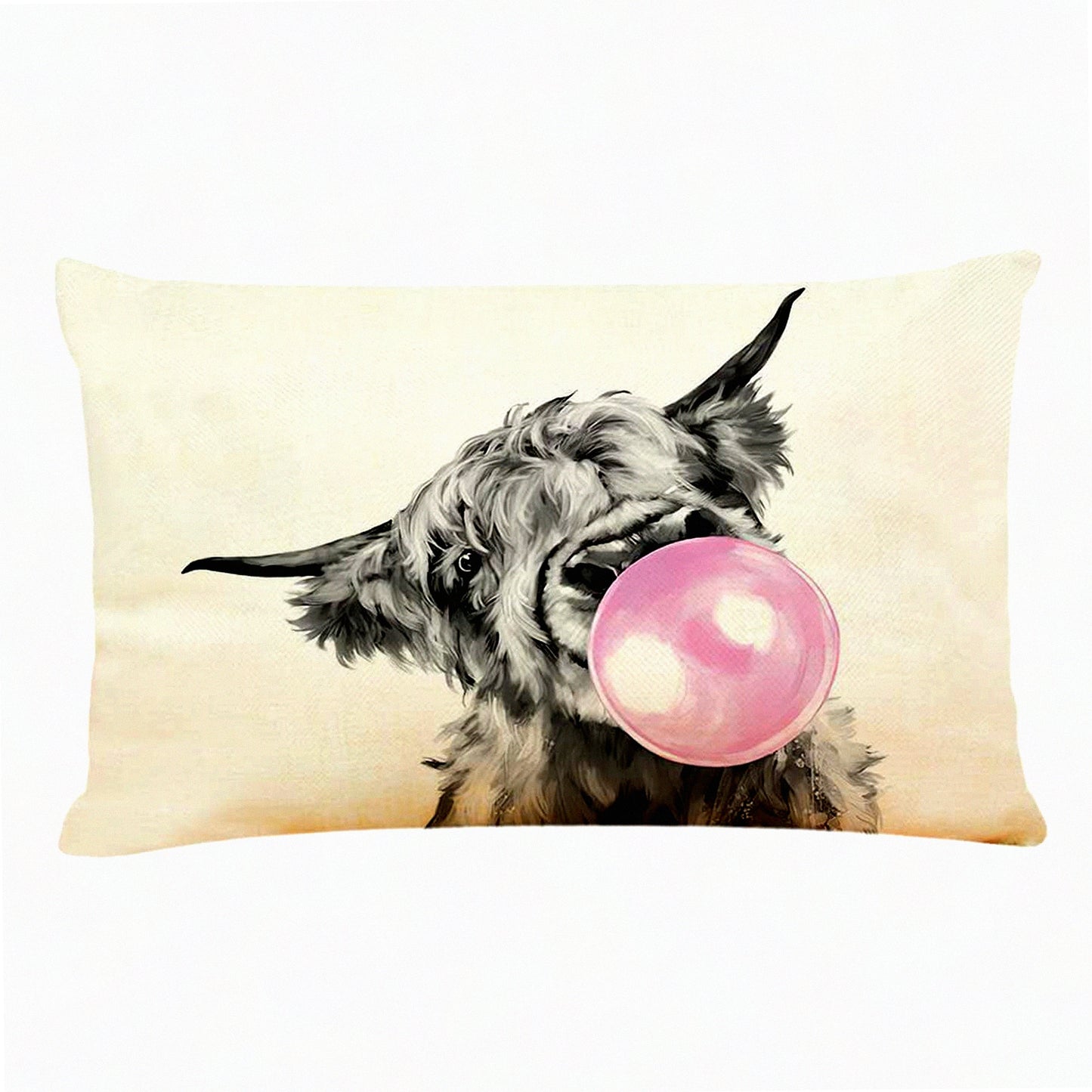 Bubble Gum Highland Cow Decorative Pillow Cover - 12x20 Inch Linen Cushion for Home Decoration on Couch, Sofa, Bed - Highland Blowing Bubble Gum Theme
