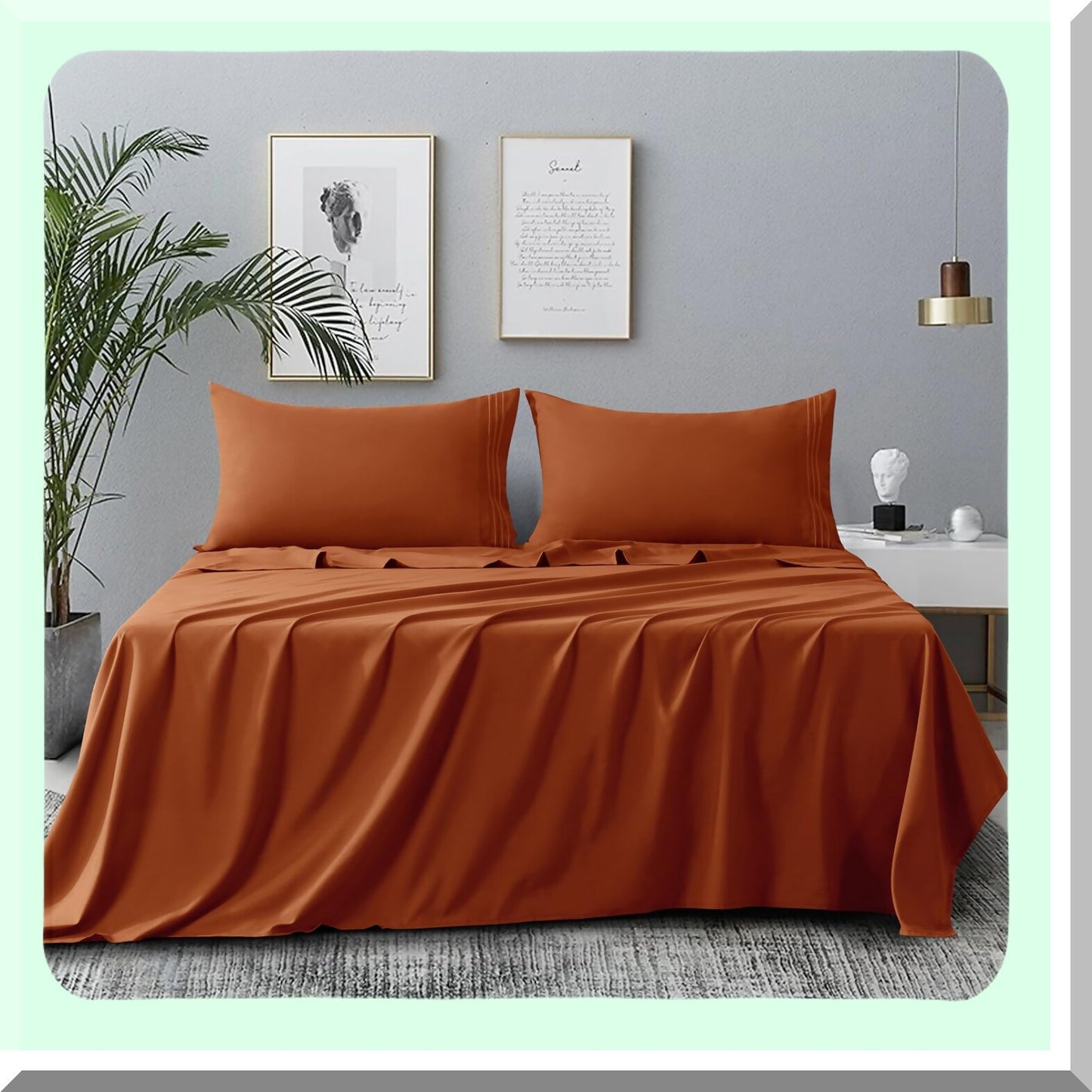 Luxury Embroidered Microfiber Queen Bed Sheets Set - 1800 Series Burnt Orange - Soft, Wrinkle-Resistant, Deep Pocket - 4-Piece Double Brushed Sheets