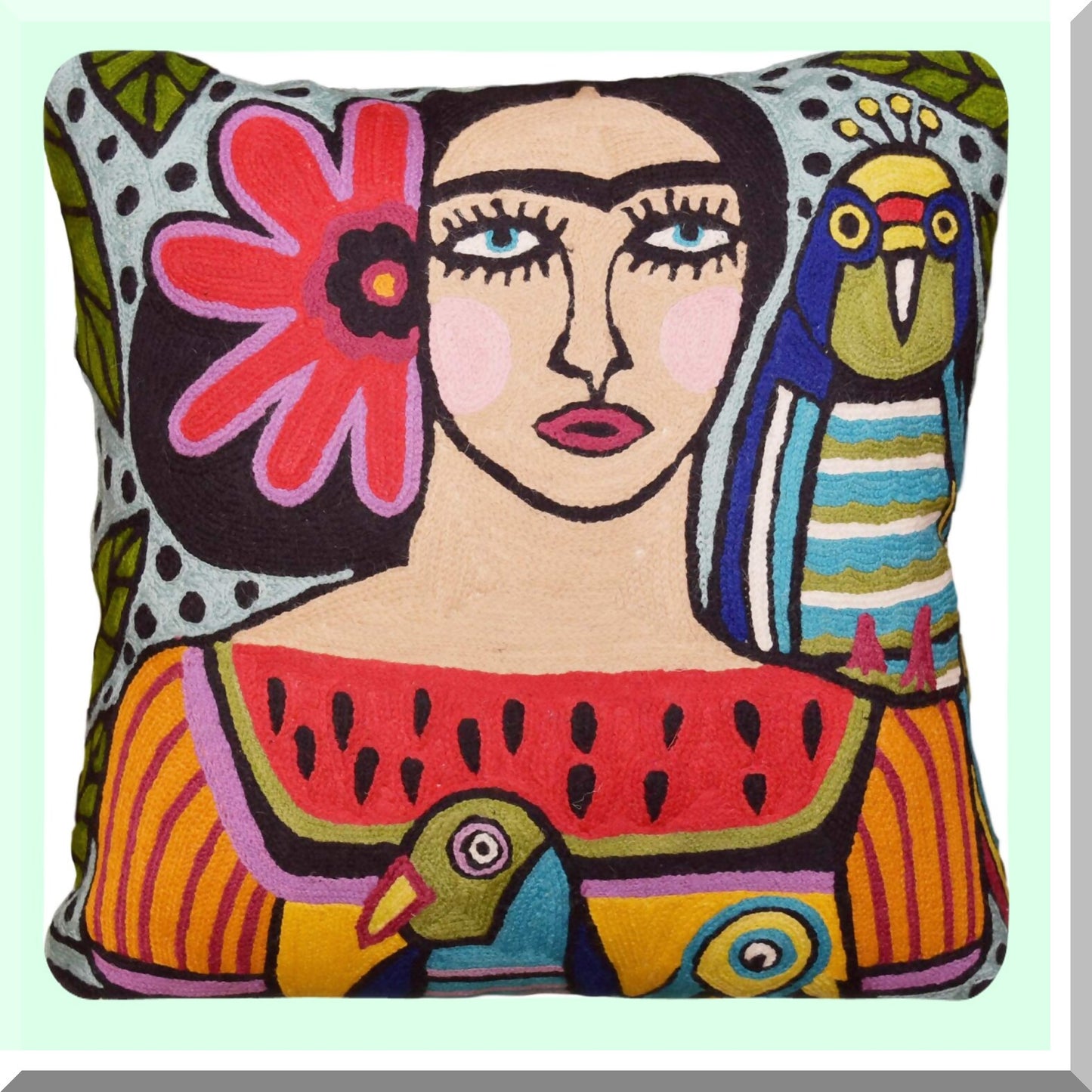Mexican Art Parrot Farmhouse Pillowcase - Colorful Birds Embroidered Throw Pillow Cover with Flower Wool Cushion for Couch or Chair - 18x18 Inch Decorative Bella Senorita Suzani Pillowshams