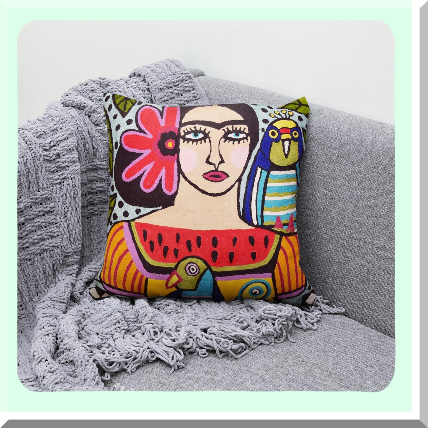 Mexican Art Parrot Farmhouse Pillowcase - Colorful Birds Embroidered Throw Pillow Cover with Flower Wool Cushion for Couch or Chair - 18x18 Inch Decorative Bella Senorita Suzani Pillowshams