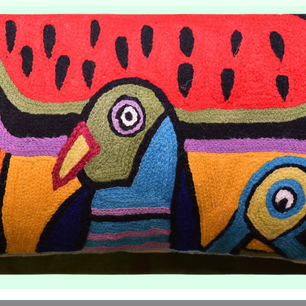 Mexican Art Parrot Farmhouse Pillowcase - Colorful Birds Embroidered Throw Pillow Cover with Flower Wool Cushion for Couch or Chair - 18x18 Inch Decorative Bella Senorita Suzani Pillowshams