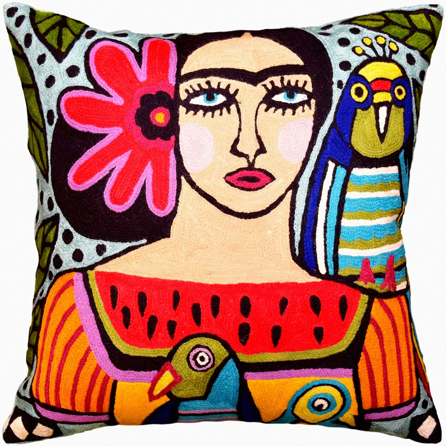 Mexican Art Parrot Farmhouse Pillowcase - Colorful Birds Embroidered Throw Pillow Cover with Flower Wool Cushion for Couch or Chair - 18x18 Inch Decorative Bella Senorita Suzani Pillowshams