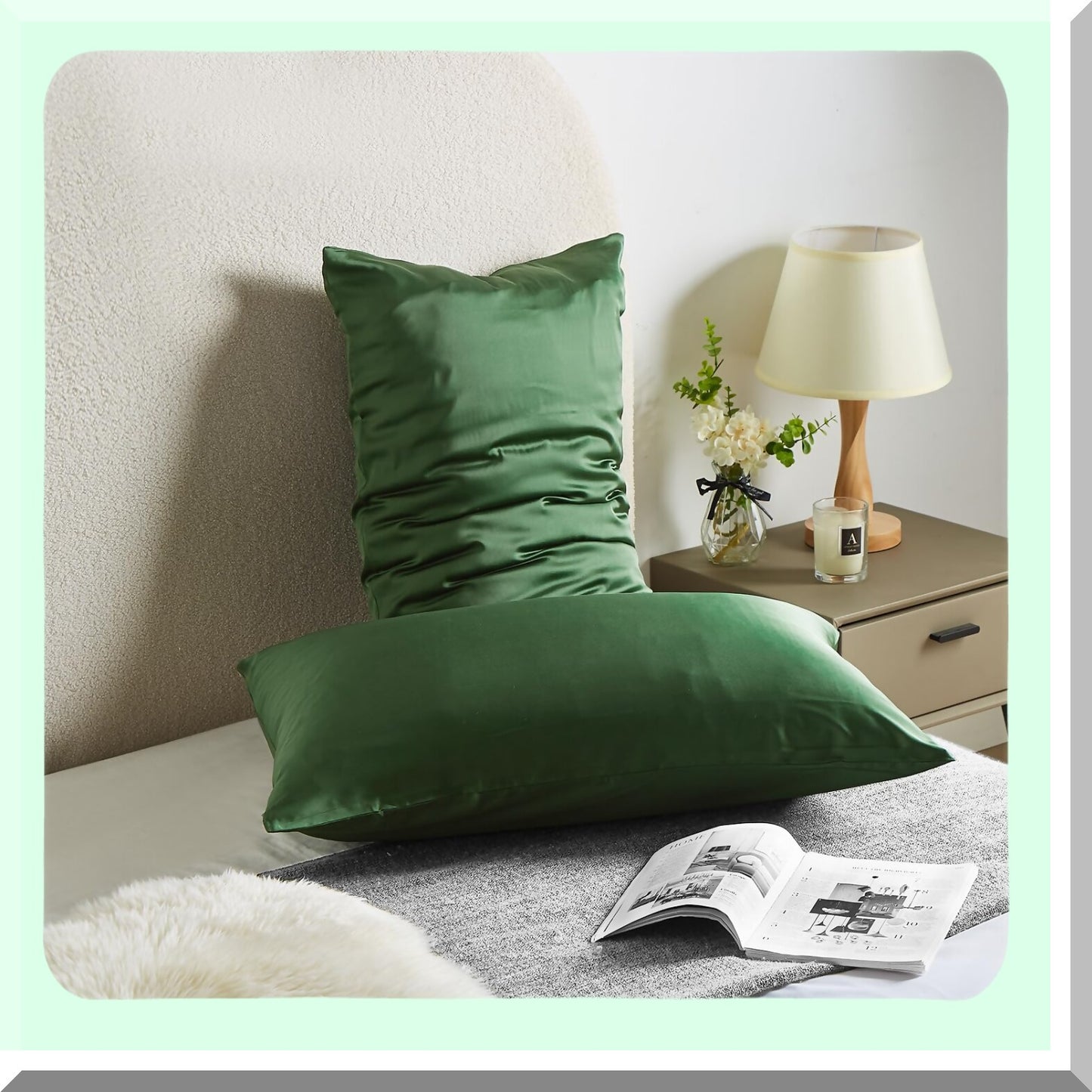 Silk Beauty Dream Pillow - Mulberry Soft Breathable Smooth Natural Zippered Pillowcase for Hair, Beauty Sleep, and Gift - Standard Size, Green