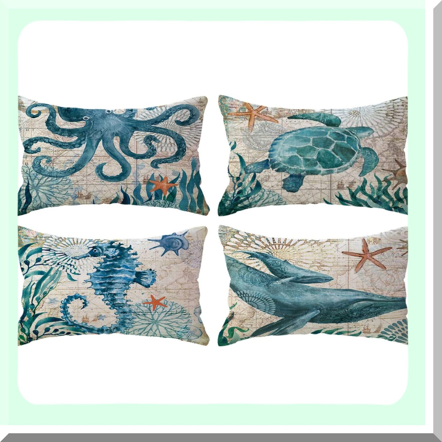 Coastal Breeze Nautical Pillow Covers - Set of 4 Mediterranean Style Sea Theme Decorative Lumbar Cushion Covers for Beach House/Sofa/Couch, 12 X 20 Inch